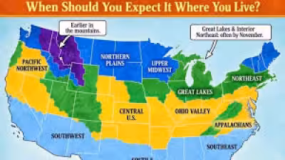 Farmers' Almanac Winter Snowfall Forecast maps first snow timing