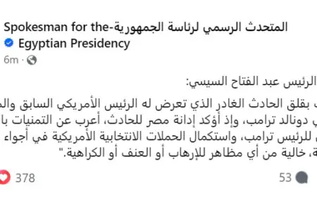 الرئيس السيسي : مصر تدين حادث ترامب الغادر وتتمنى استئناف الحملات الانتخابية الأمريكية فى أجواء سلمية