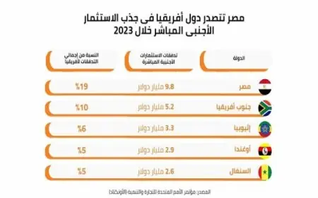 مصر تتصدر قائمة الدول الإفريقية ذات أعلى معدلات استثمار أجنبي مباشر