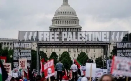 الآلاف يتظاهرون تأييدا للفلسطينيين خارج مبنى الكونجرس بالتزامن مع خطاب نتنياهو