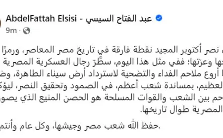الرئيس السيسي: نصر أكتوبر المجيد سيبقى نقطة فارقة في تاريخ مصر المعاصر
