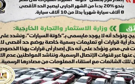 الحكومة تنفى إصدار قرار بخفض كوتة استيراد السيارات في مصر بنحو 20% بدءاً من الشهر الجاري