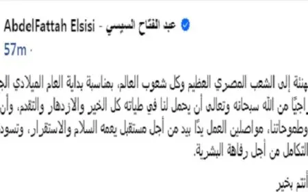 الرئيس السيسي يهنئ الشعب المصري بمناسبة بداية العام الميلادي الجديد