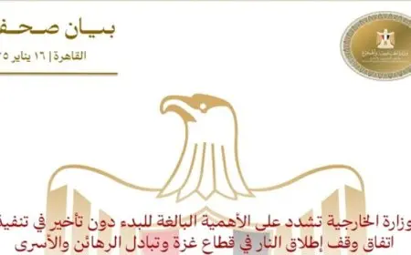 الخارجية تشدد على الأهمية البالغة للبدء دون تأخير فى تنفيذ اتفاق وقف إطلاق النار فى قطاع غزة