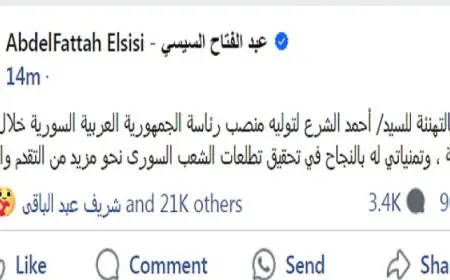 الرئيس السيسى يهنئ أحمد الشرع لتوليه رئاسة الجمهورية العربية السورية خلال المرحلة الانتقالية