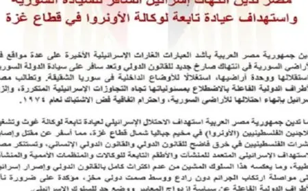 مصر تدين انتهاك إسرائيل السافر للسيادة السورية واستهداف عيادة تابعة لوكالة الأونروا فى قطاع غزة