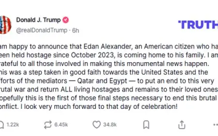 ترامب: الإفراج عن عيدان ألكسندر جاء بحُسن نية تجاه أمريكا وجهود مصر وقطر لإنهاء الحرب فى غزة