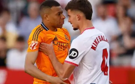 ريال مدريد يتفوق على 9 لاعبين من إشبيلية بهدفين مبابي وبيلينغهام