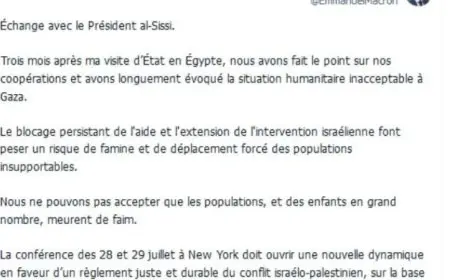 ماكرون يوجه نداء عاجلا لوقف معاناة المدنيين في غزة جراء نقص الغذاء