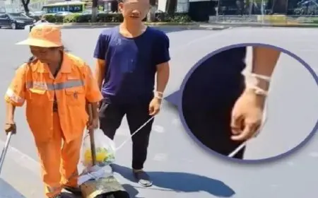 أم صينية تربط ابنها من ذوى الهمم فى يدها أثناء العمل بالشارع