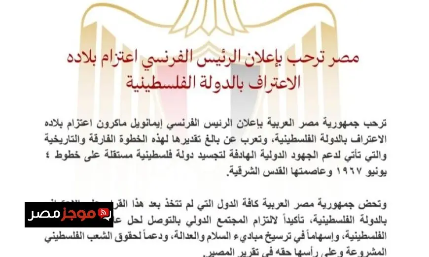 مصر تتبنى تصريح الرئيس الفرنسي حول اعتراف بلاده بالدولة الفلسطينية