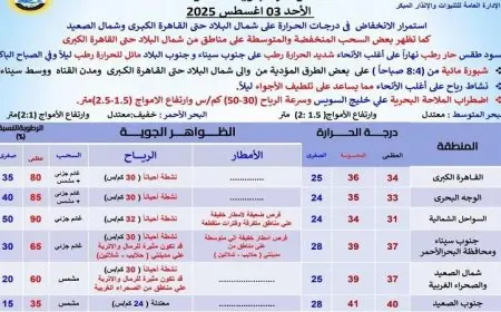 الأرصاد الجوية تحذر من طقس حار ورطب نهاراً مع انخفاض الحرارة ليلاً والعظمى في القاهرة تصل إلى 34 درجة