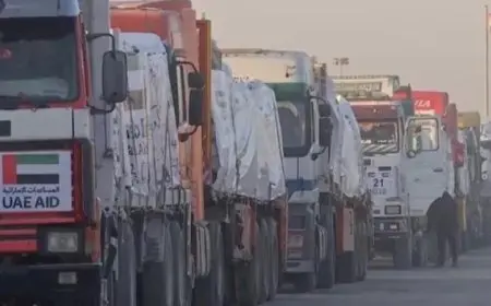 دخول 45 شاحنة مساعدات إنسانية إماراتية إلى معبر كرم أبو سالم استعدادا لدعم غزة