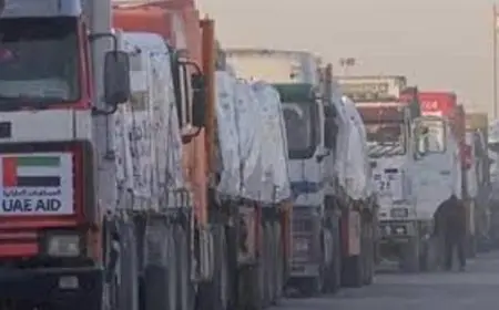 عبور 21 شاحنة مساعدات إماراتية في القافلة الخامسة عشر لدعم الفلسطينيين في غزة