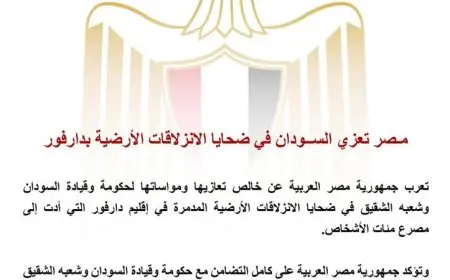 مصر تعبر عن تعازيها للسودان في ضحايا الانزلاقات الأرضية المؤلمة في دارفور