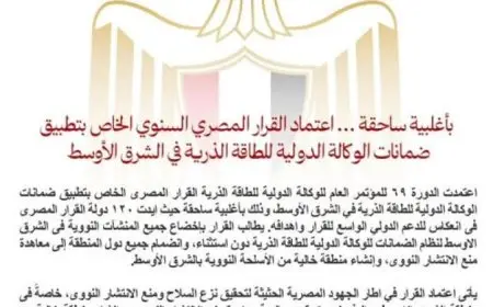 مصر تعتمد قرار تطبيق ضمانات الوكالة الدولية للطاقة الذرية لتعزيز الأمن النووي في الشرق الأوسط