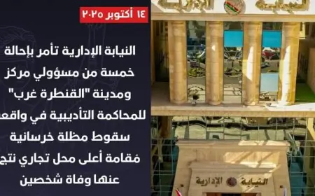 النيابة الإدارية تعلن إحالة 5 مسؤولين في القنطرة غرب للمحاكمة التأديبية