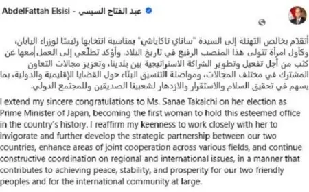 الرئيس السيسي يقدم التهاني لساناي تاكاياشي بمناسبة توليها رئاسة وزراء اليابان
