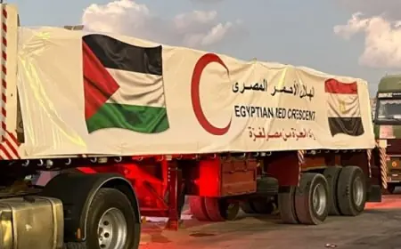 شاحنات قافلة المساعدات الإنسانية الـ121 تتحرك لدخول غزة عبر مصر