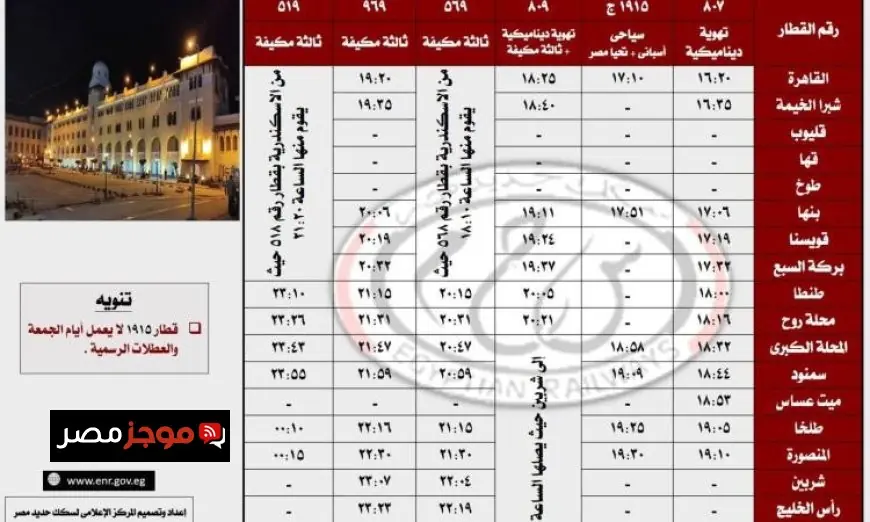 السكة الحديد تعلن عن جداول تشغيل القطارات بين القاهرة والمنصورة ودمياط