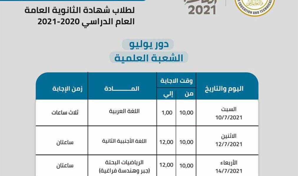 صور جدول امتحانات الثانوية العامة الدور الأول 2021 ادبي وعلمي ومدارس المتفوقين